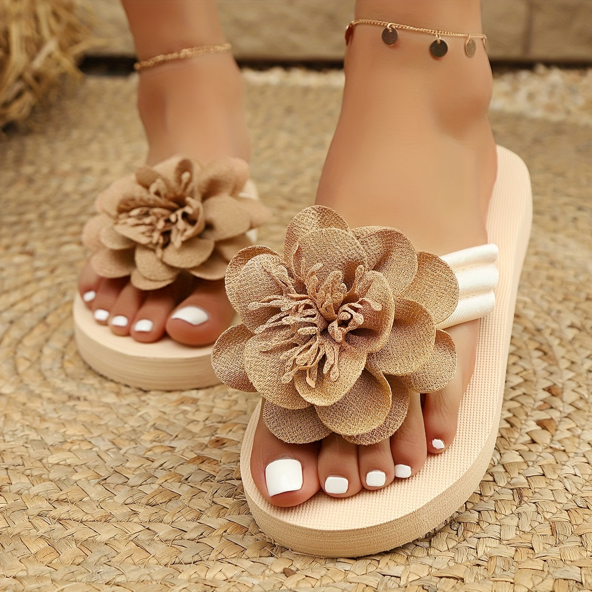 Stylish women's slippers with floral detail for summer - FlowerStep-Khaki-3-The Livary