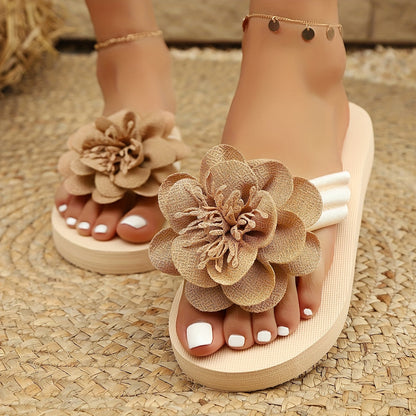 Stylish women's slippers with floral detail for summer - FlowerStep-Khaki-3-The Livary