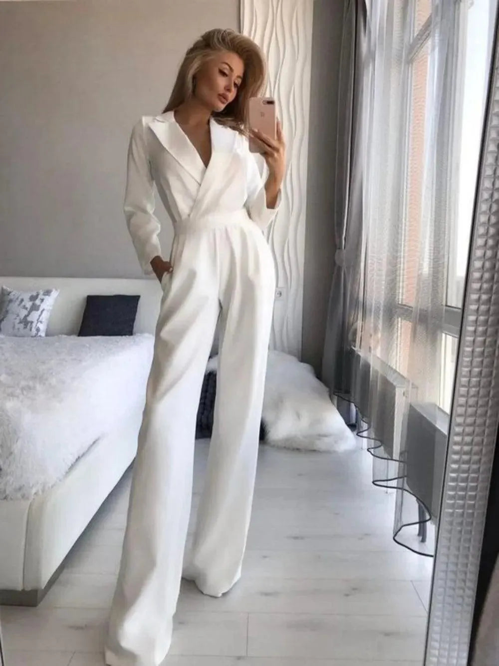 Stylowy kombinezon z długimi rękawami - Sophie-Biały-S-Trend Polska