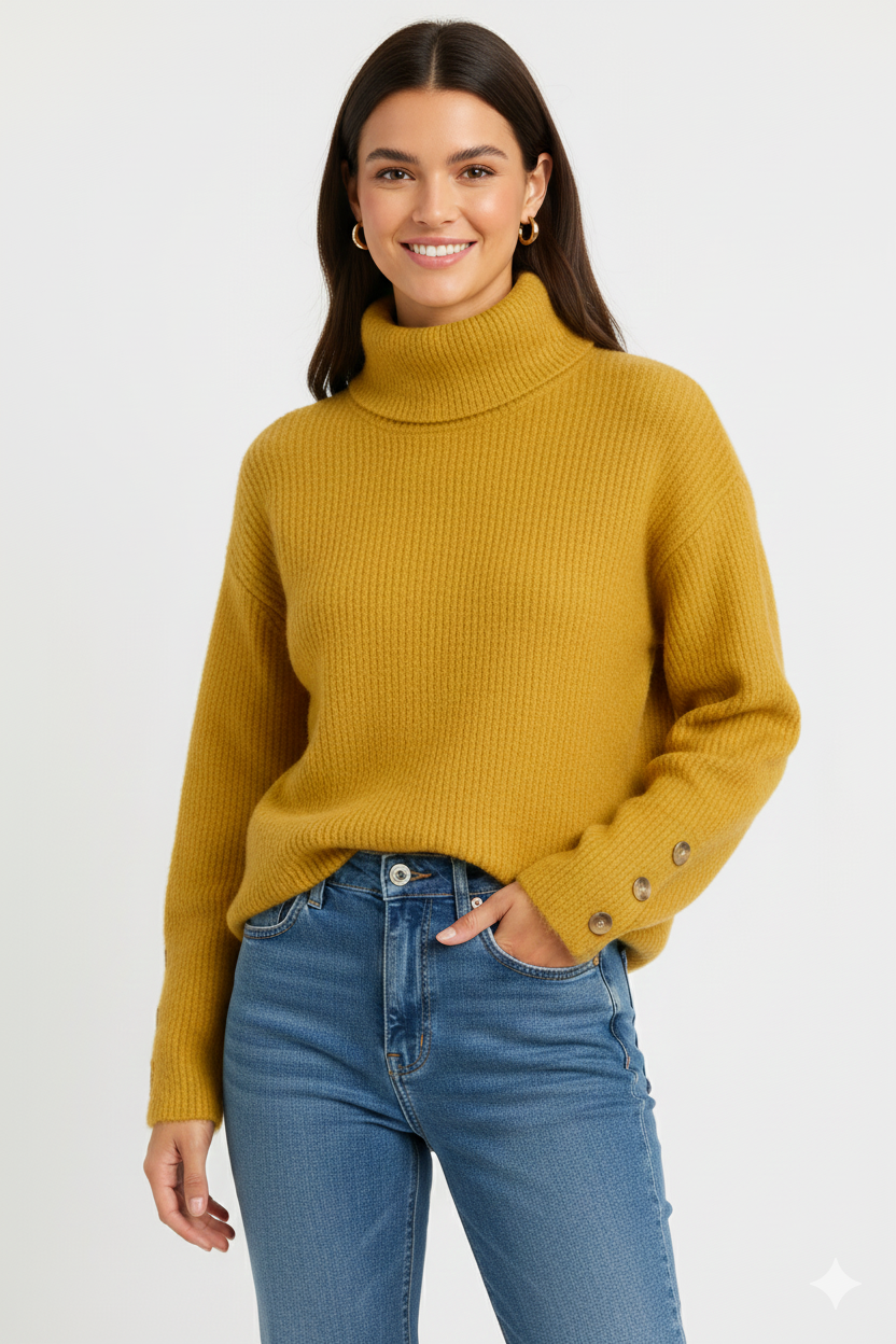 Eliana Pull Col Roulé Femme – Pull Élégant à Col Haut avec Détails Boutons et Coupe Intemporelle