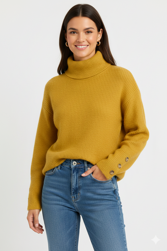 Eliana Pull Col Roulé Femme – Pull Élégant à Col Haut avec Détails Boutons et Coupe Intemporelle