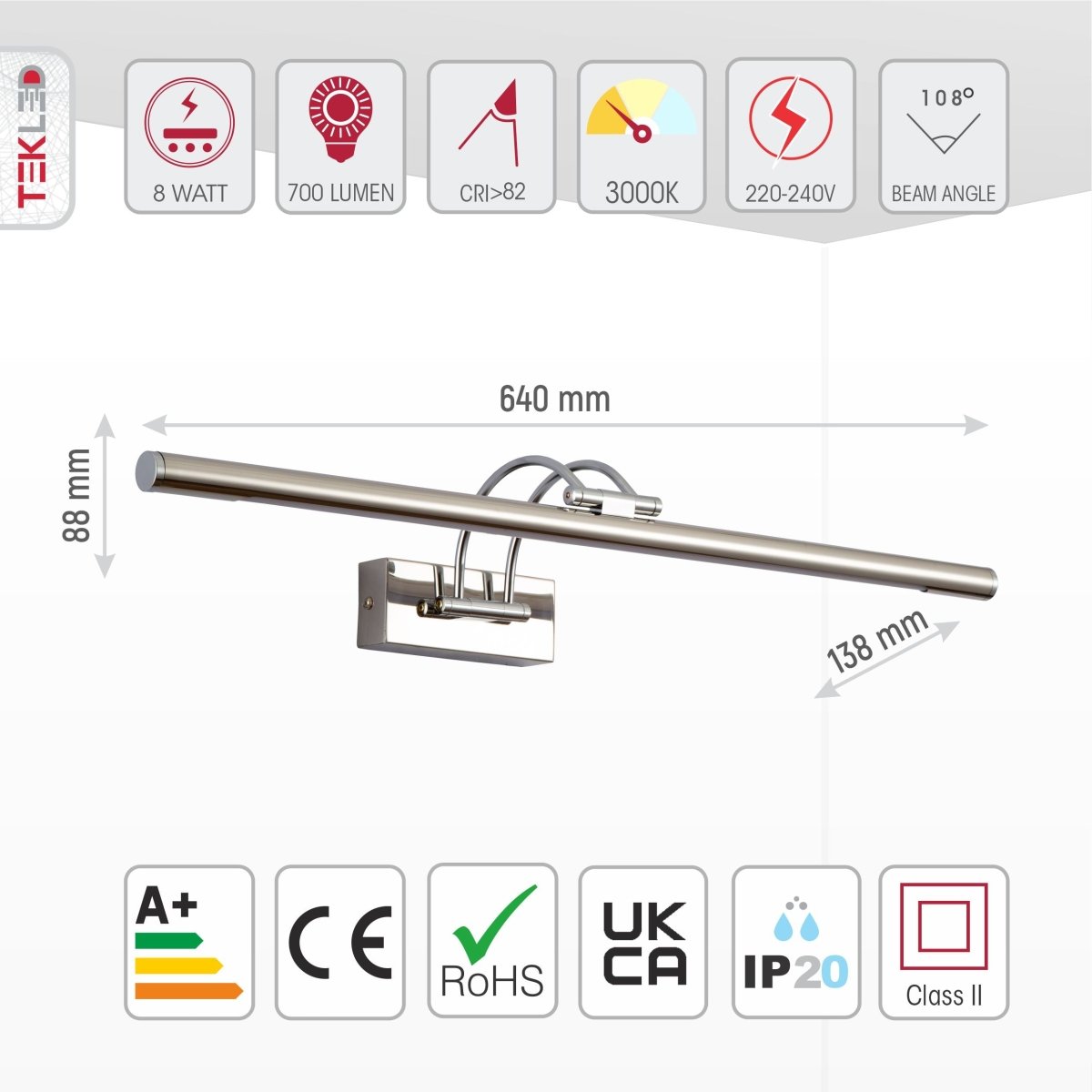 Spiegellamp LED Warm Wit 3000K 8W 64cm Goud Nikkel Messing Chroom Schilderijlamp Wandlamp