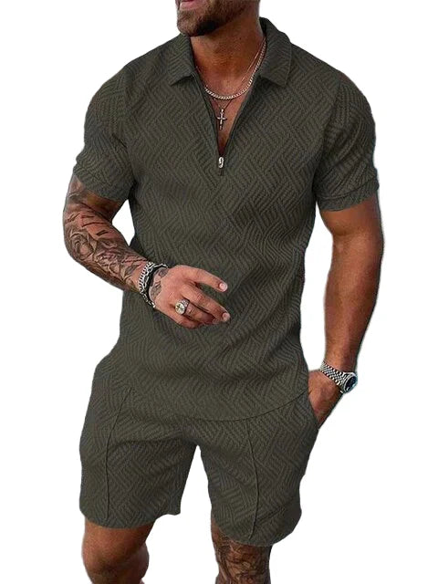 Men's Knit Quarter-Zip Polo Shirt and Shorts Two-Piece Set