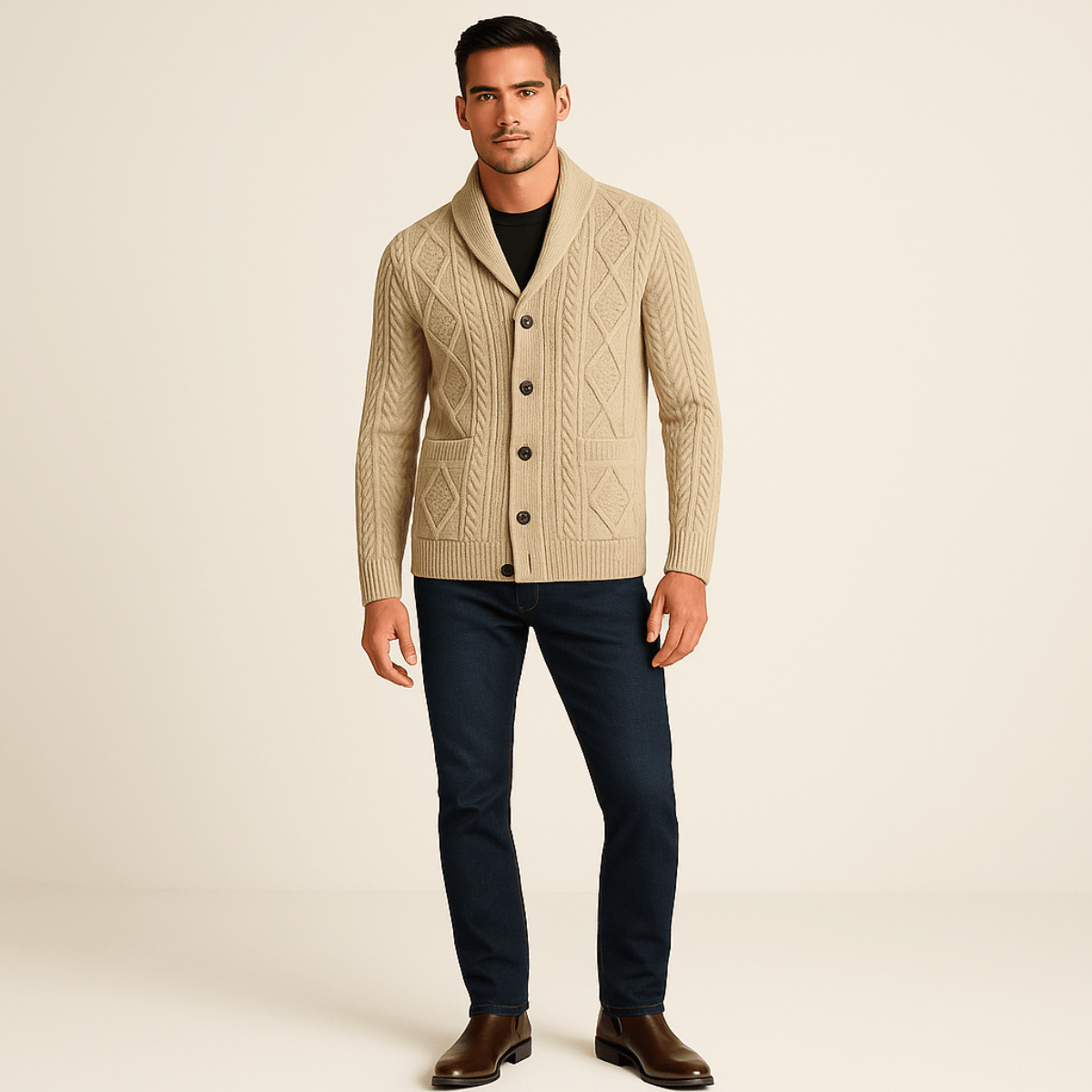 100 % Kaschmir-Strickjacke für Herren – Premium-Strick – Knopfleiste – Lockere Passform