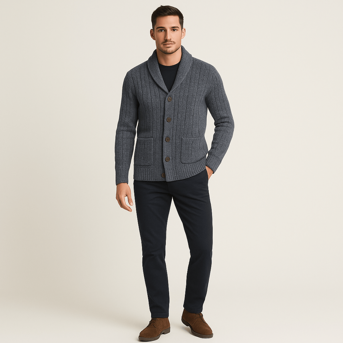 100 % Kaschmir-Strickjacke für Herren – Premium-Strick – Knopfleiste – Lockere Passform