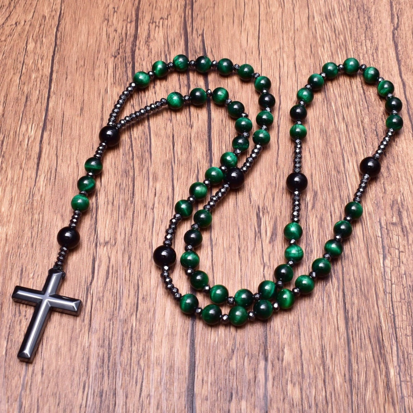 Tiger Eye and Lapis Lazuli Cross Rosary Necklace for Men - Orion-Tiger's eye-Nora Luxe