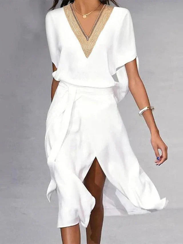 Women's V-Neck Midi Dress with Elegant Detailing