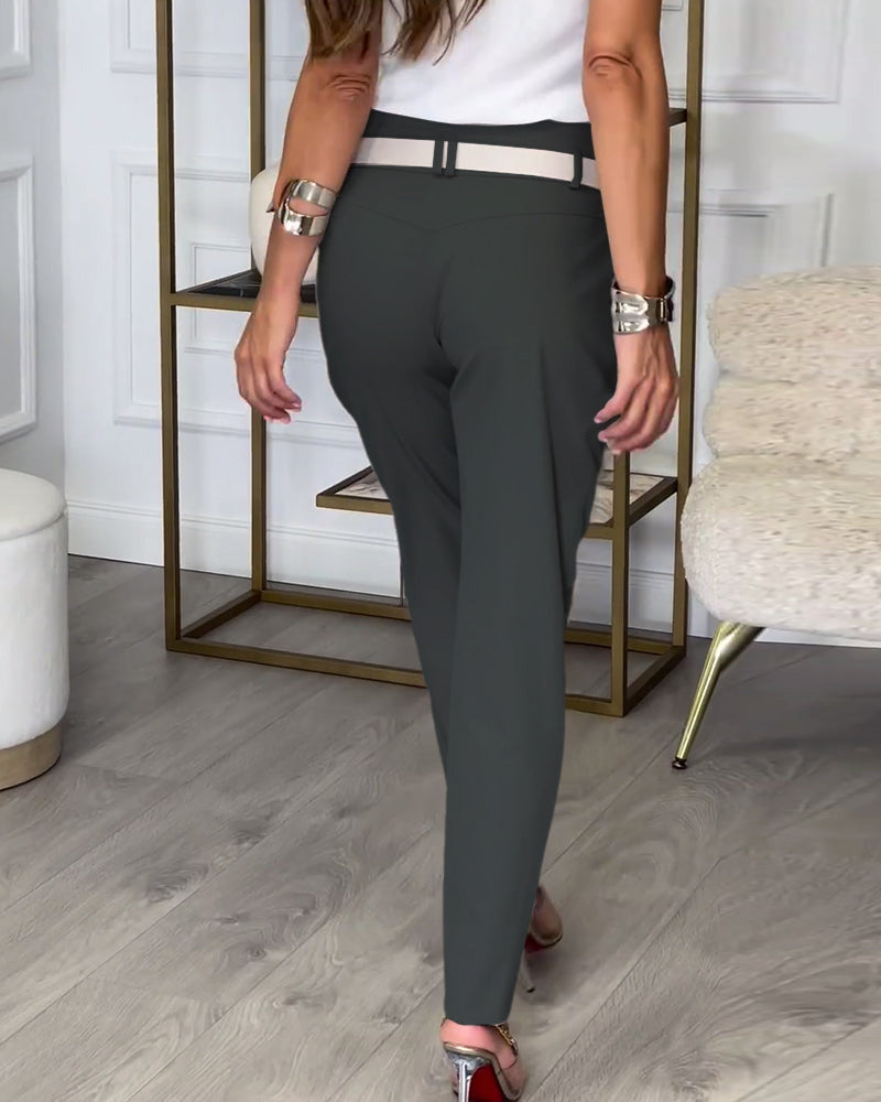 Trendy Ladies Patchwork Trousers with Belt - Liv-Grey-S-State of Style