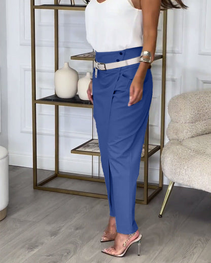 Trendy Ladies Patchwork Trousers with Belt - Liv-Grey-S-State of Style