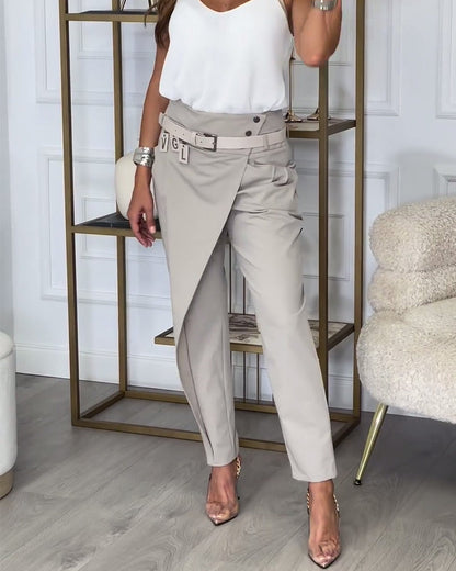 Trendy Ladies Patchwork Trousers with Belt - Liv-Grey-S-State of Style