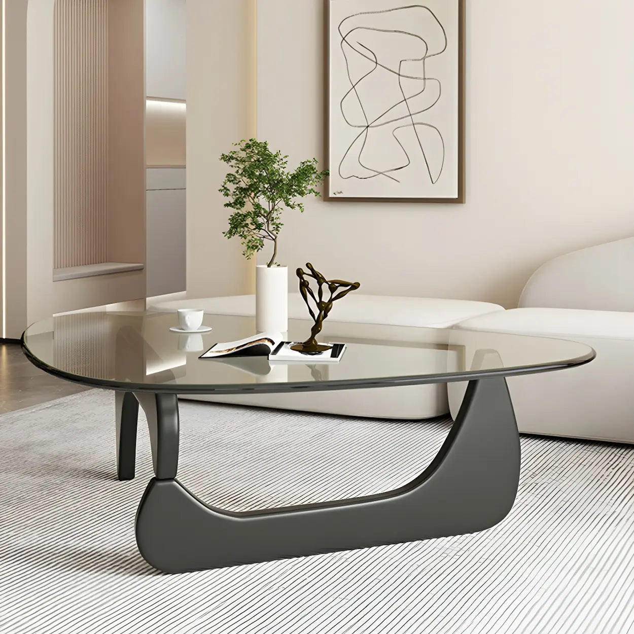 Driehoekige Glazen Salontafel met Houten Abstract Onderstel – Moderne Design Coffee Table met Transparant Tafelblad | Restfield