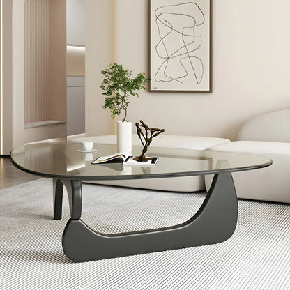 Driehoekige Glazen Salontafel met Houten Abstract Onderstel – Moderne Design Coffee Table met Transparant Tafelblad | Restfield