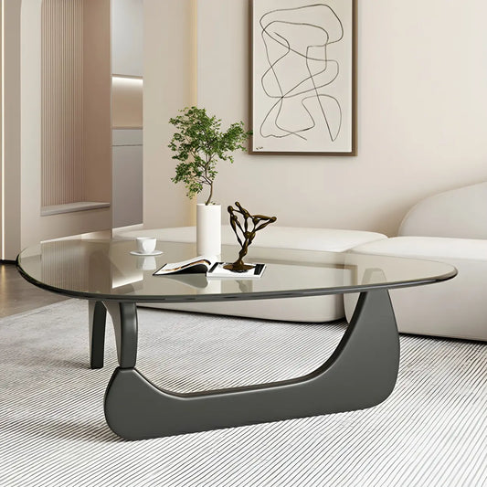 Driehoekige Glazen Salontafel met Houten Abstract Onderstel – Moderne Design Coffee Table met Transparant Tafelblad | Restfield