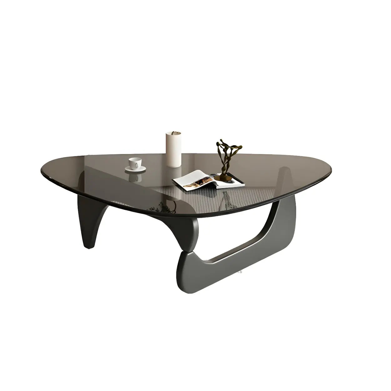 Driehoekige Glazen Salontafel met Houten Abstract Onderstel – Moderne Design Coffee Table met Transparant Tafelblad | Restfield