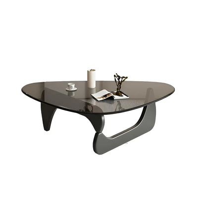 Driehoekige Glazen Salontafel met Houten Abstract Onderstel – Moderne Design Coffee Table met Transparant Tafelblad | Restfield