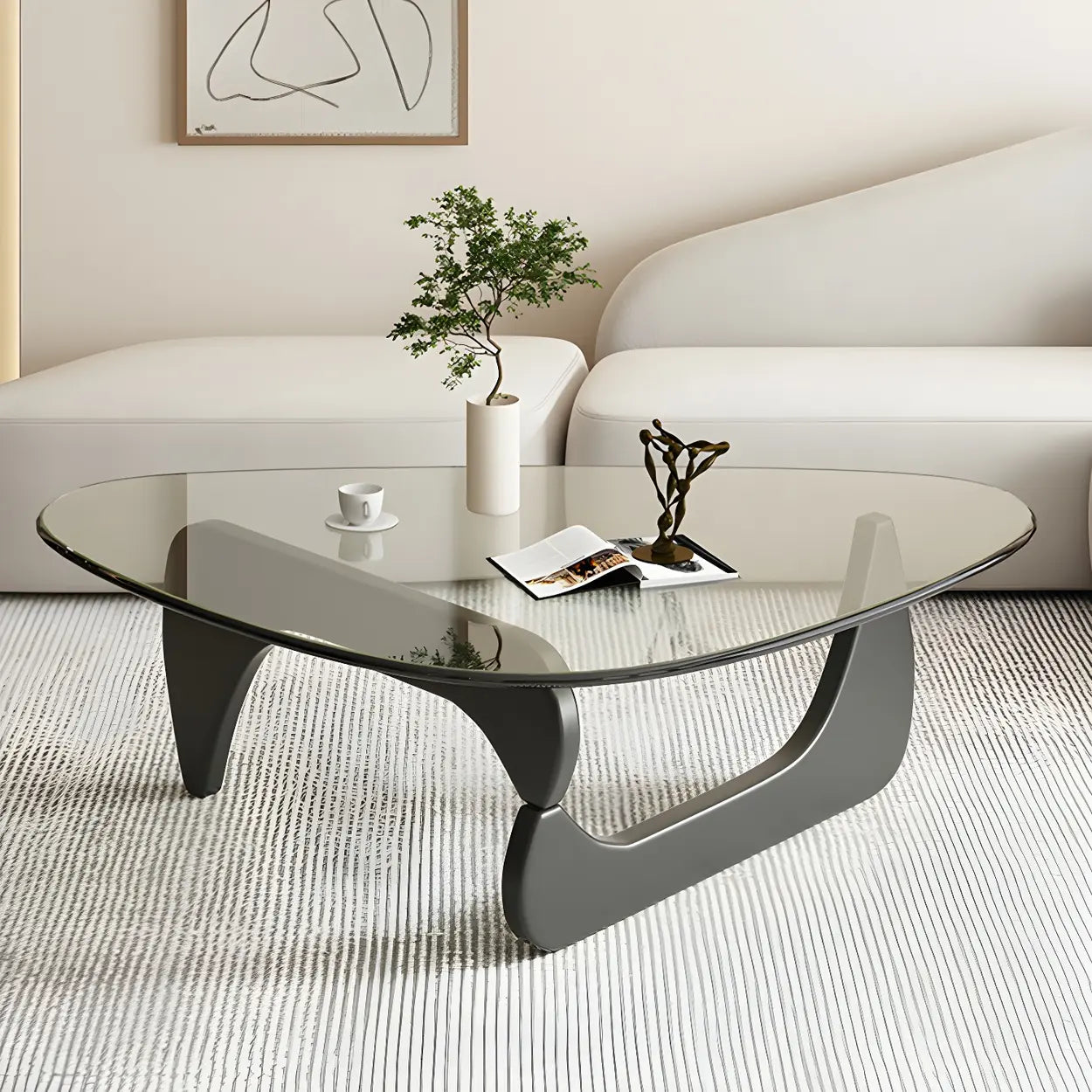 Driehoekige Glazen Salontafel met Houten Abstract Onderstel – Moderne Design Coffee Table met Transparant Tafelblad | Restfield