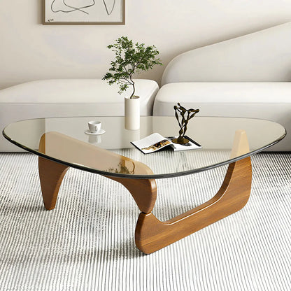Driehoekige Glazen Salontafel met Houten Abstract Onderstel – Moderne Design Coffee Table met Transparant Tafelblad | Restfield