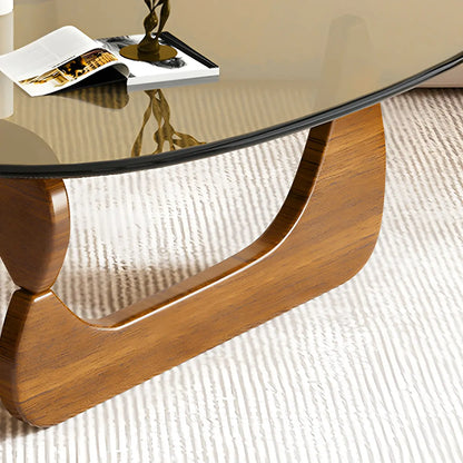 Driehoekige Glazen Salontafel met Houten Abstract Onderstel – Moderne Design Coffee Table met Transparant Tafelblad | Restfield
