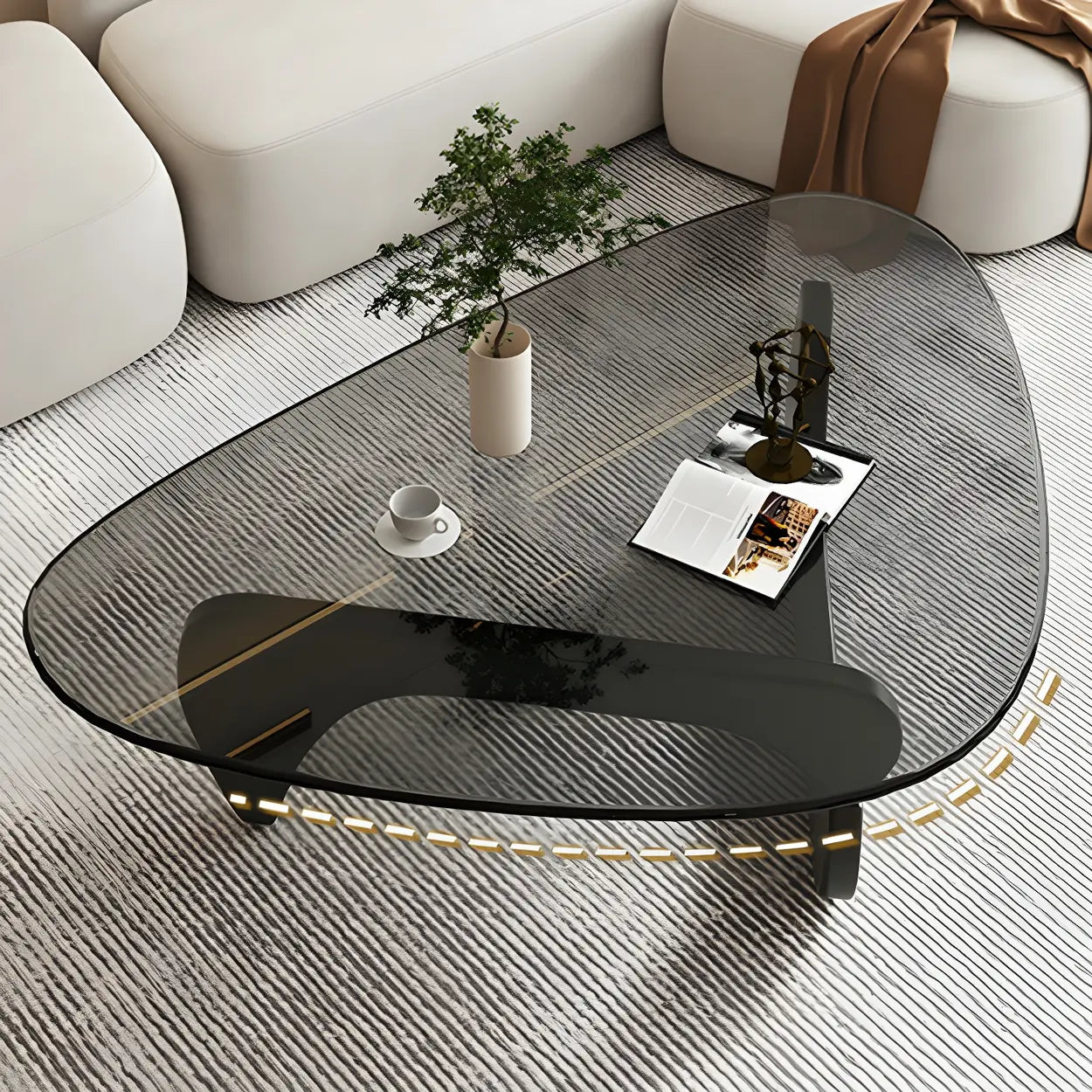 Driehoekige Glazen Salontafel met Houten Abstract Onderstel – Moderne Design Coffee Table met Transparant Tafelblad | Restfield