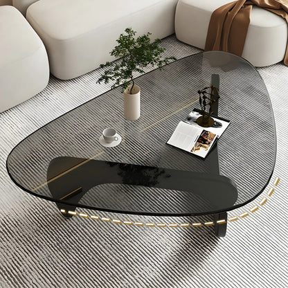 Driehoekige Glazen Salontafel met Houten Abstract Onderstel – Moderne Design Coffee Table met Transparant Tafelblad | Restfield