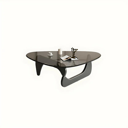 Driehoekige Glazen Salontafel met Houten Abstract Onderstel – Moderne Design Coffee Table met Transparant Tafelblad | Restfield