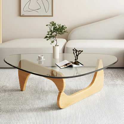 Driehoekige Glazen Salontafel met Houten Abstract Onderstel – Moderne Design Coffee Table met Transparant Tafelblad | Restfield