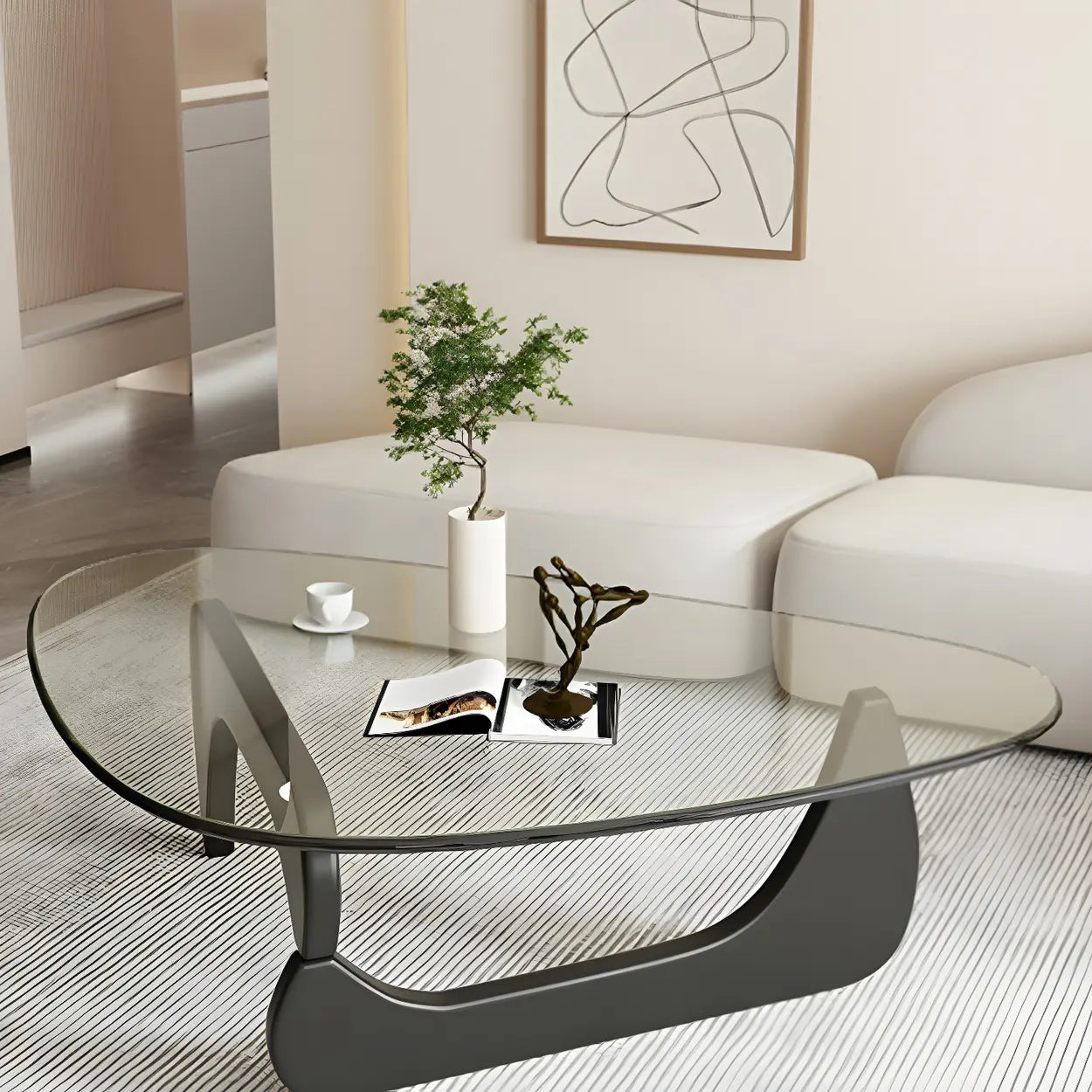 Driehoekige Glazen Salontafel met Houten Abstract Onderstel – Moderne Design Coffee Table met Transparant Tafelblad | Restfield