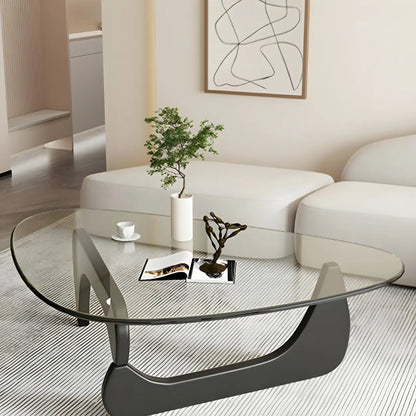 Driehoekige Glazen Salontafel met Houten Abstract Onderstel – Moderne Design Coffee Table met Transparant Tafelblad | Restfield