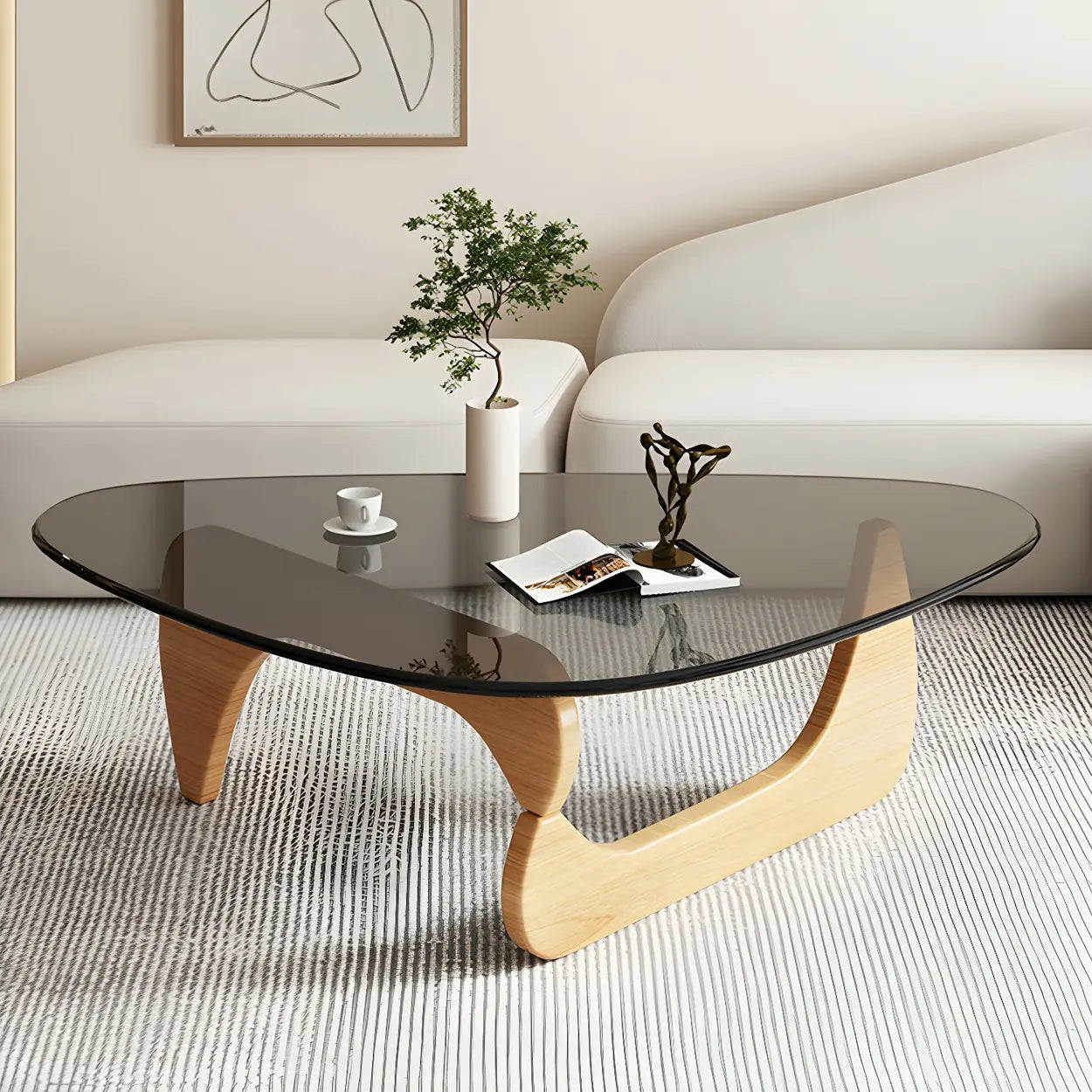 Driehoekige Glazen Salontafel met Houten Abstract Onderstel – Moderne Design Coffee Table met Transparant Tafelblad | Restfield