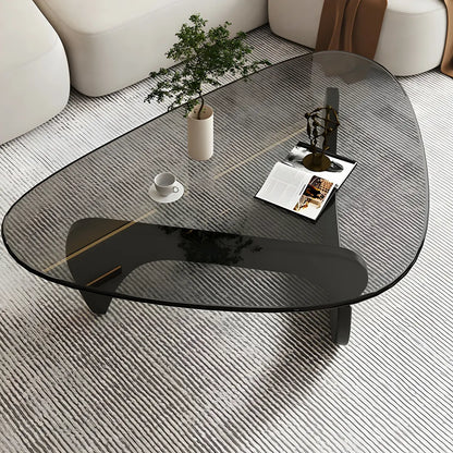 Driehoekige Glazen Salontafel met Houten Abstract Onderstel – Moderne Design Coffee Table met Transparant Tafelblad | Restfield