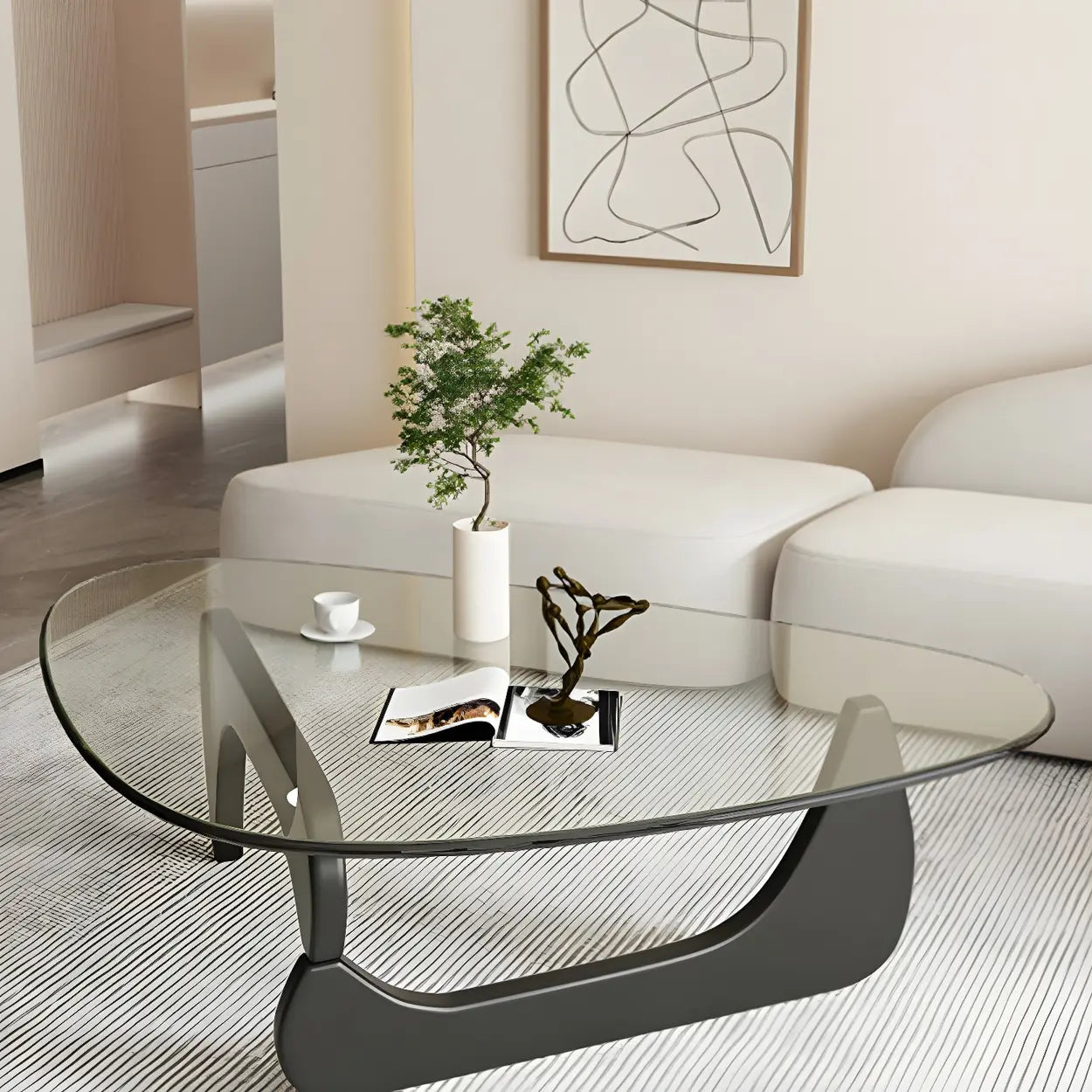Driehoekige Glazen Salontafel met Houten Abstract Onderstel – Moderne Design Coffee Table met Transparant Tafelblad | Restfield