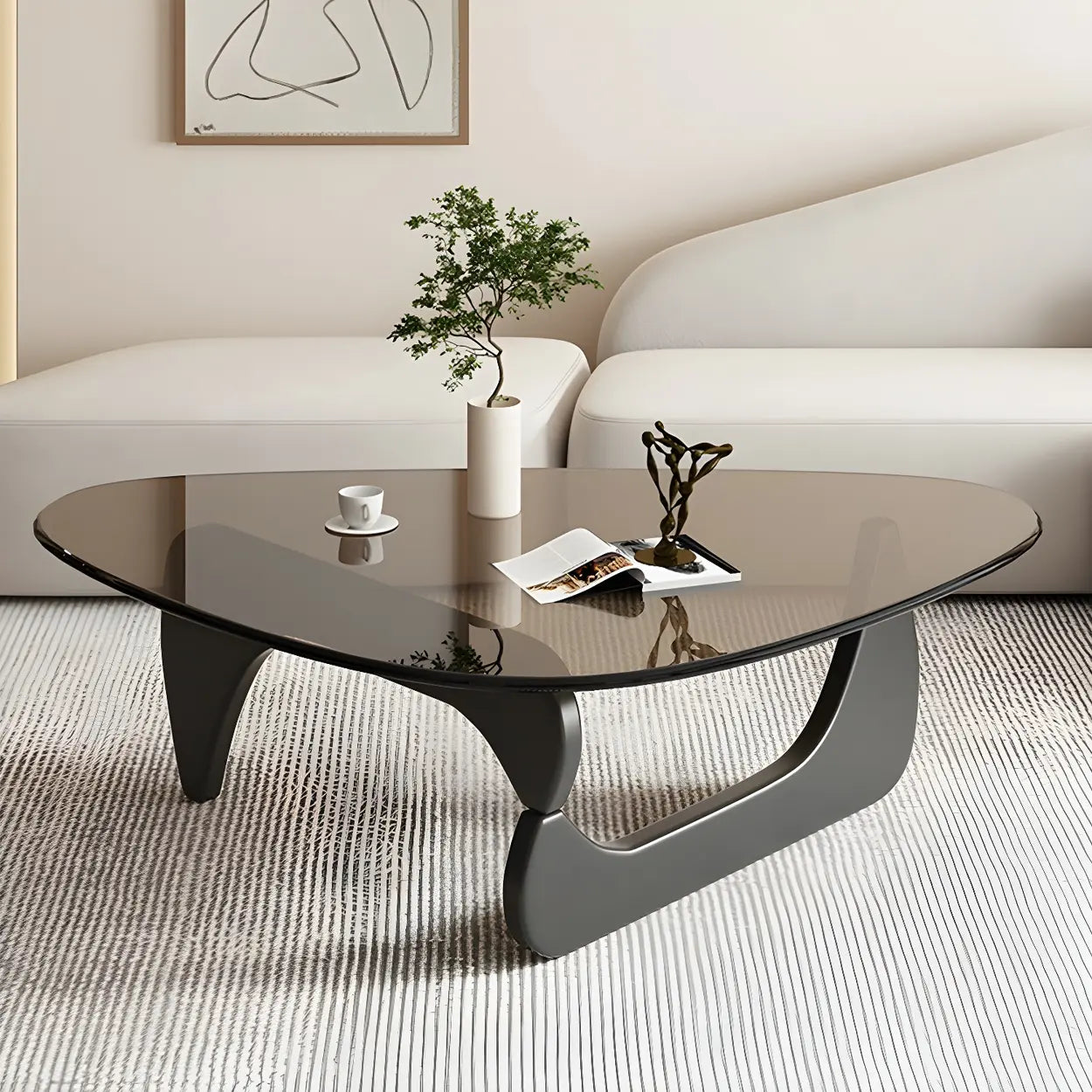 Driehoekige Glazen Salontafel met Houten Abstract Onderstel – Moderne Design Coffee Table met Transparant Tafelblad | Restfield
