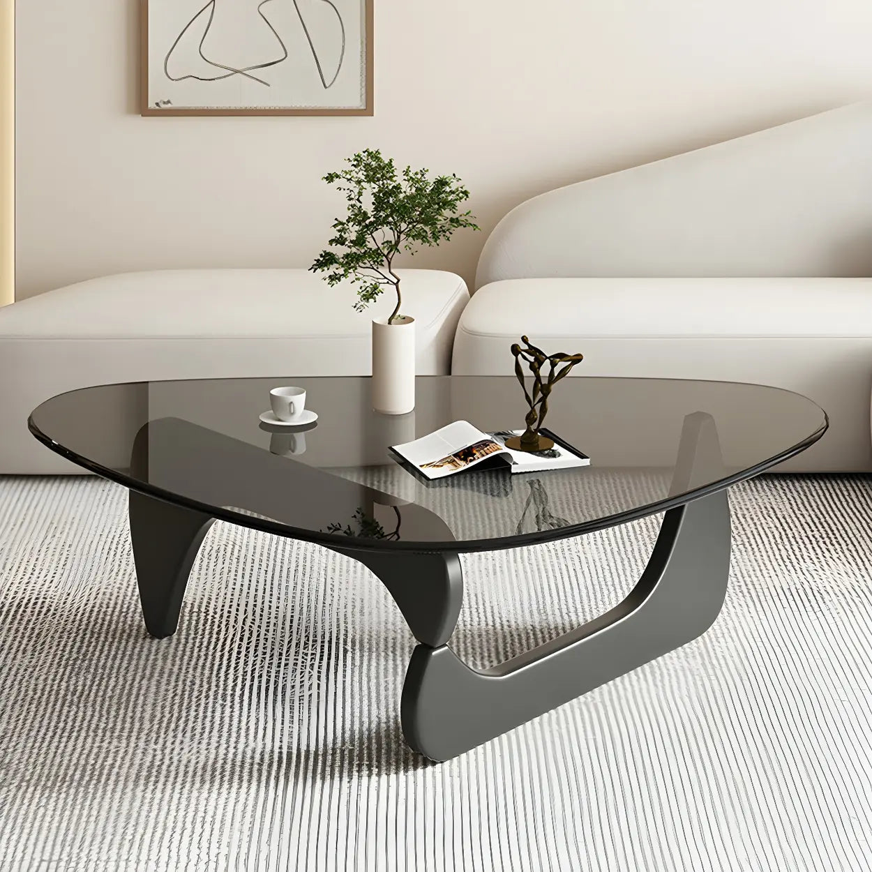 Driehoekige Glazen Salontafel met Houten Abstract Onderstel – Moderne Design Coffee Table met Transparant Tafelblad | Restfield
