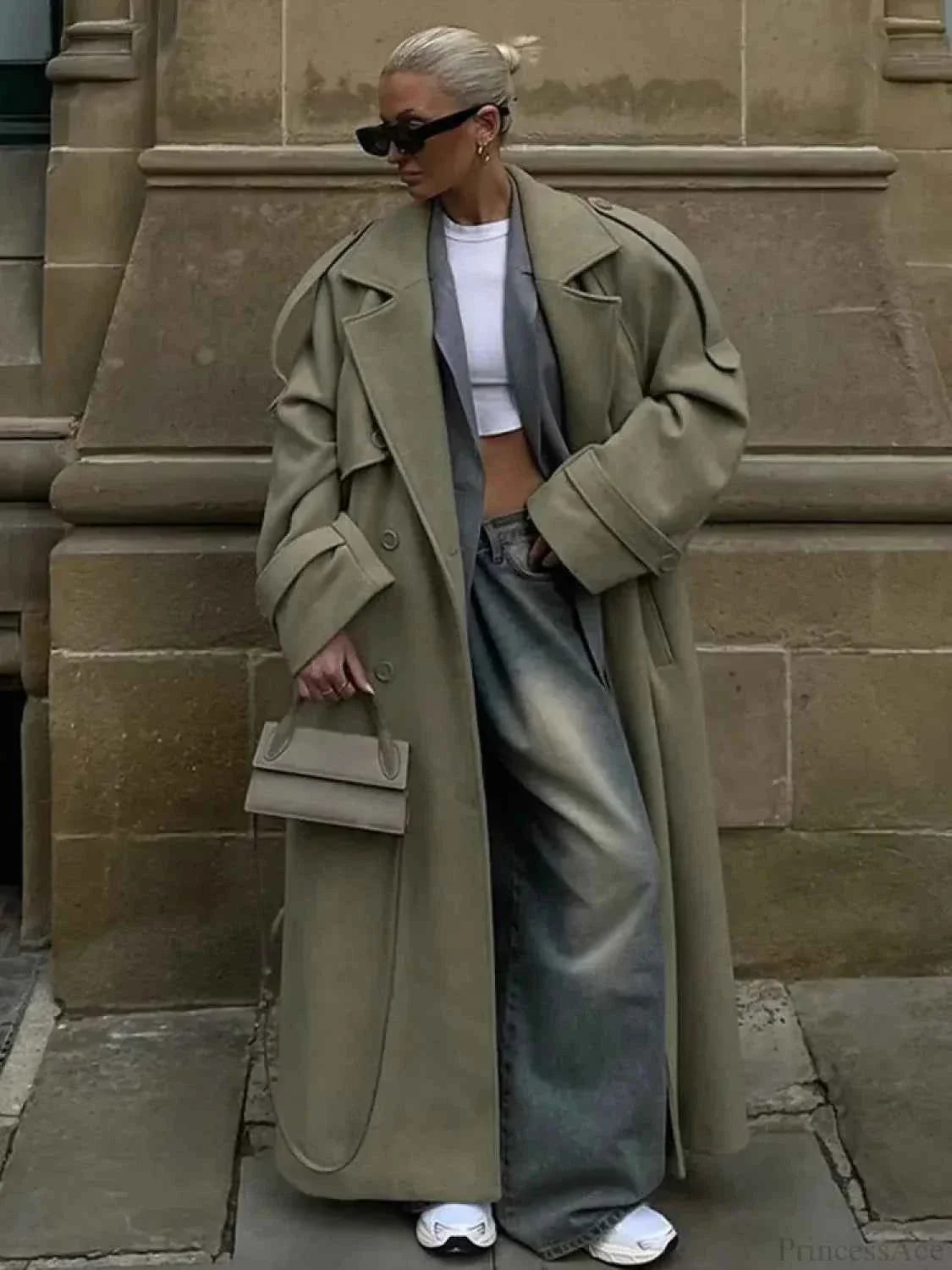 Eleganter Damen-Langmantel mit Rippkragen und Schnürung für einen lässigen Stil