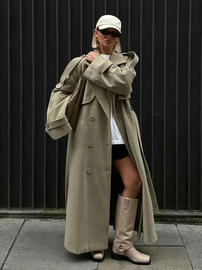 Eleganter Damen-Langmantel mit Rippkragen und Schnürung für einen lässigen Stil