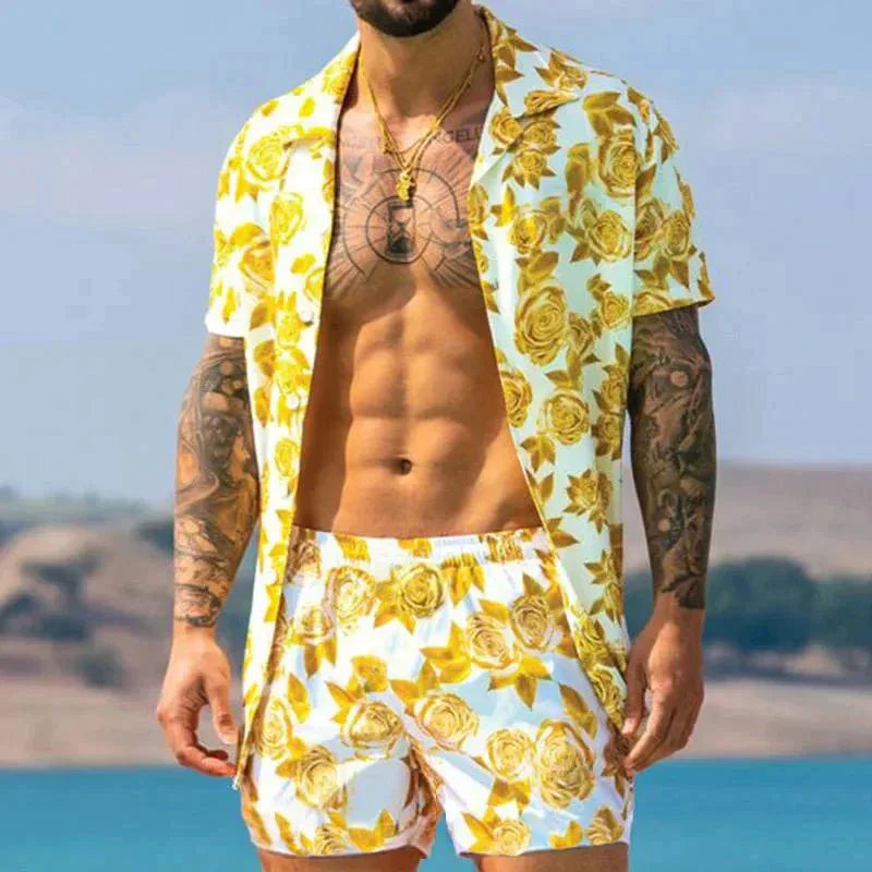 Men’s Summer Two Piece Set Printed Shirt and Shorts Lightweight Breathable Holiday Outfit