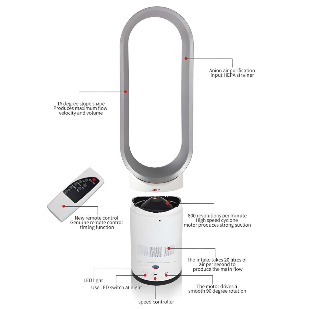 Ventilateur sans pales avec télécommande, purification d'air anionique, moteur à 800 tr/min, lumière LED, contrôle de vitesse, design moderne et élégant.