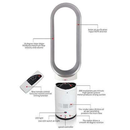 Ventilateur sans pales avec télécommande, purification d'air anionique, moteur à 800 tr/min, lumière LED, contrôle de vitesse, design moderne et élégant.