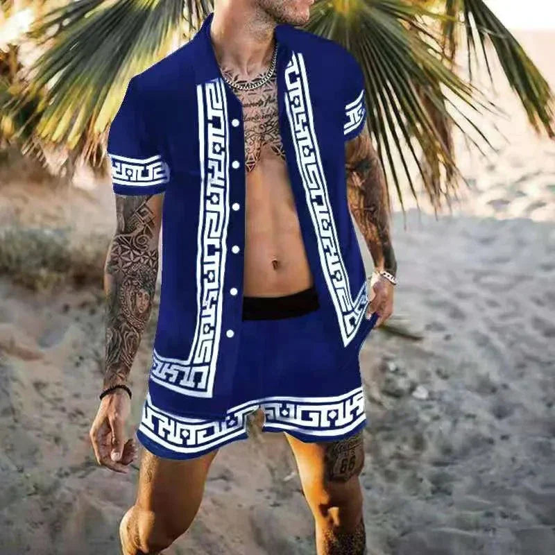 Men’s Summer Two Piece Set Printed Shirt and Shorts Lightweight Breathable Holiday Outfit