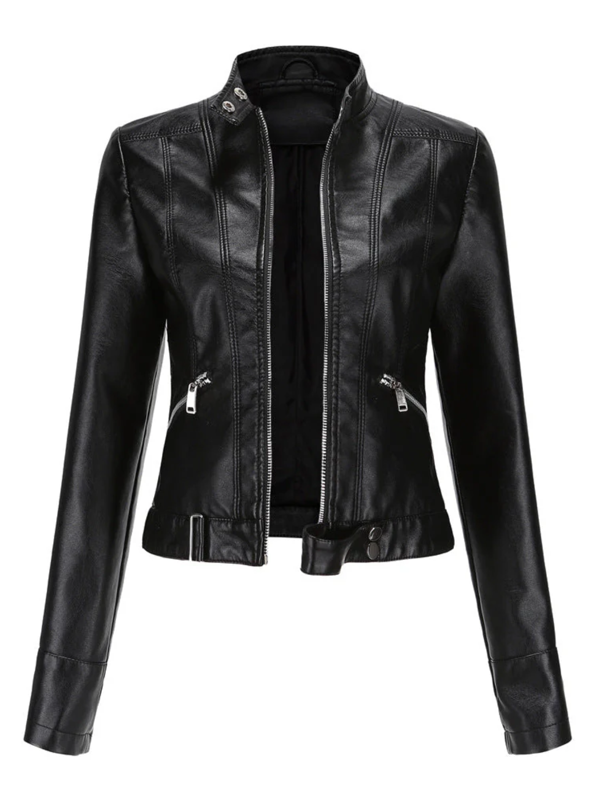 Women’s High-Collar PU Leather Jacket – Slim Fit Moto Style with Zip Details