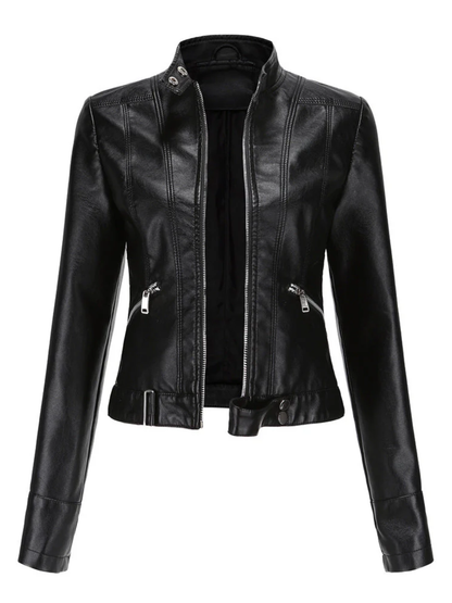 Women’s High-Collar PU Leather Jacket – Slim Fit Moto Style with Zip Details