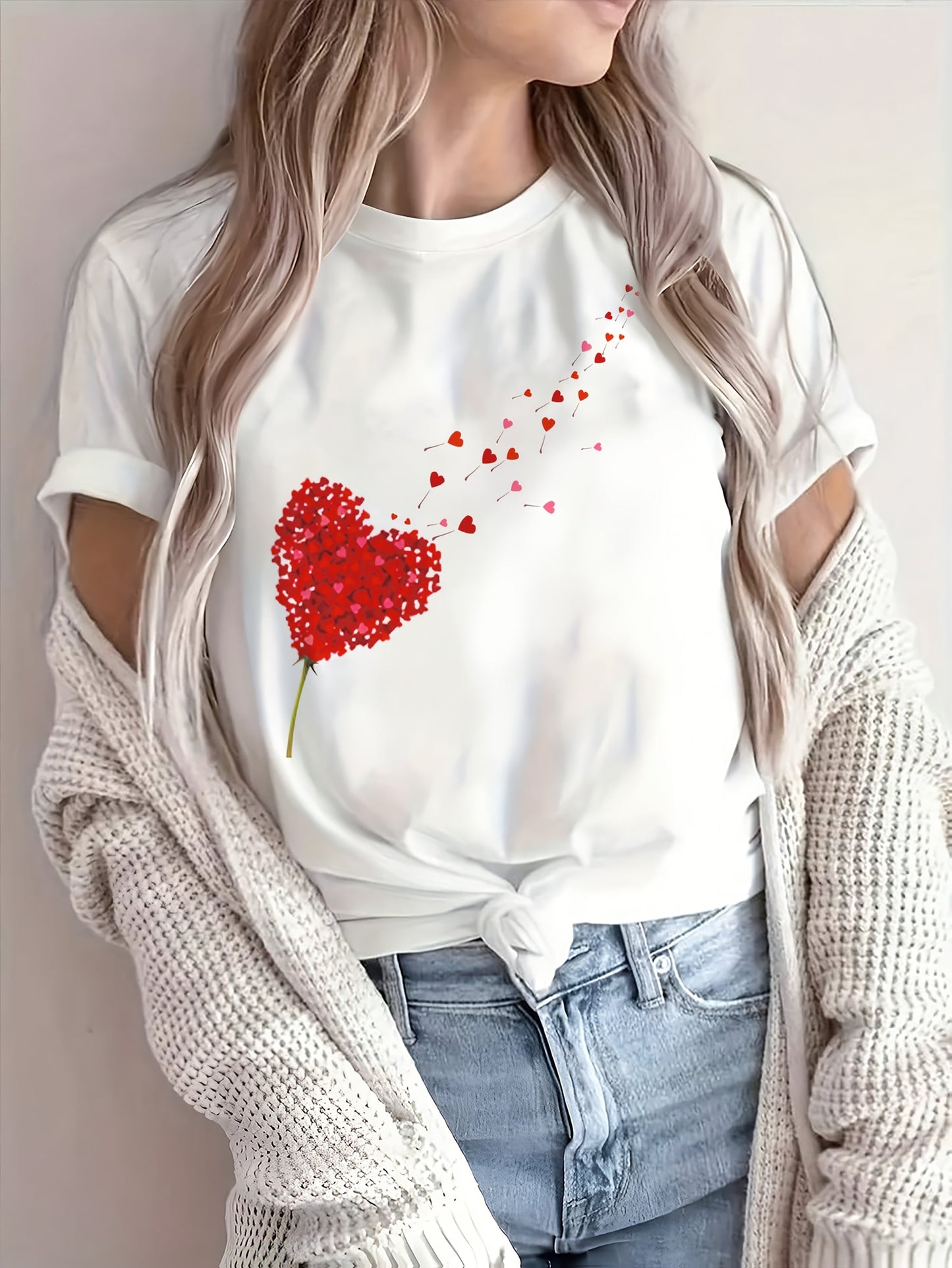 Women’s Cute Heart and Floral Print T Shirt with Round Neck, Soft Cotton Blend and Romantic Casual Everyday Style