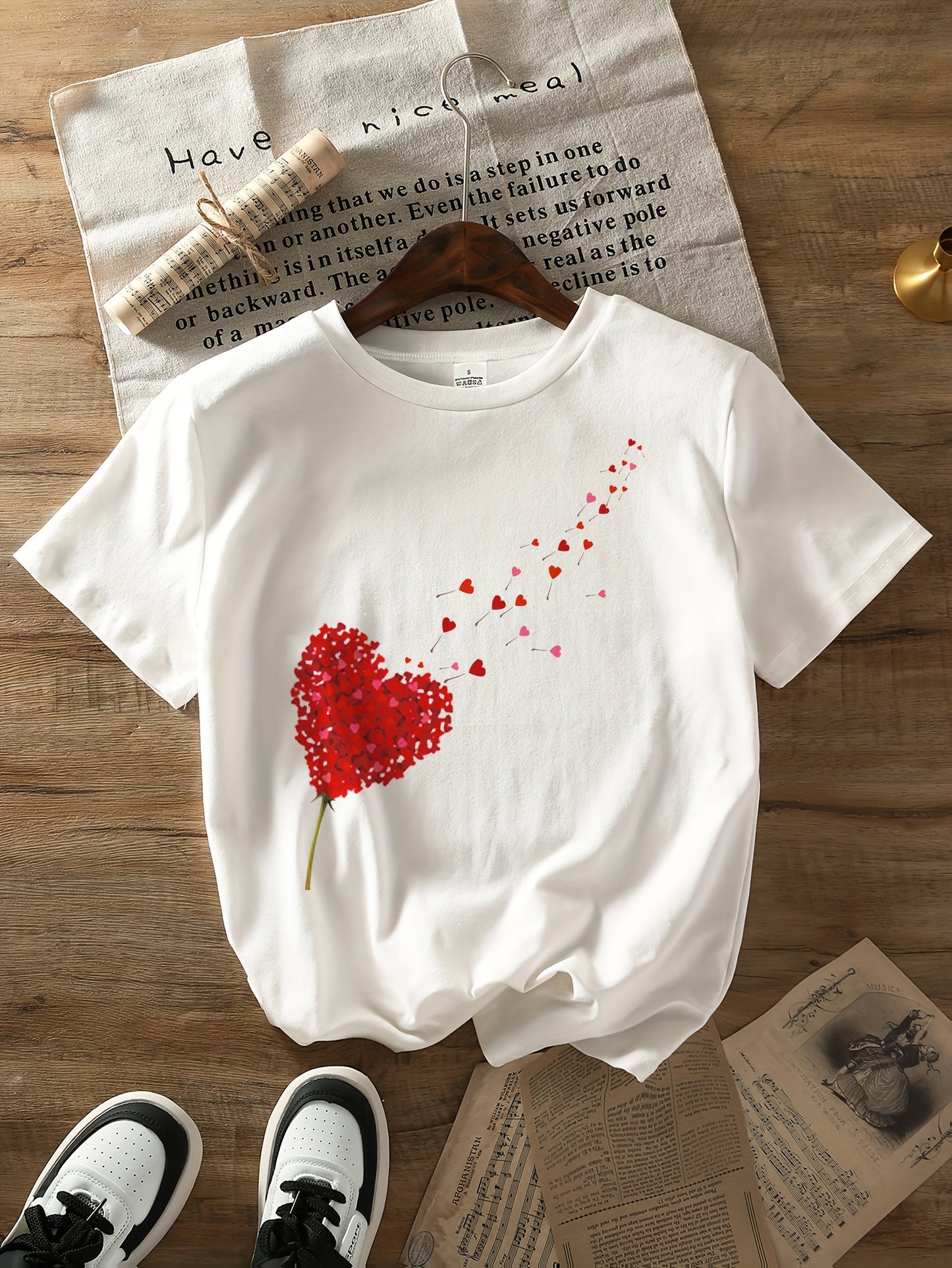 Women’s Cute Heart and Floral Print T Shirt with Round Neck, Soft Cotton Blend and Romantic Casual Everyday Style