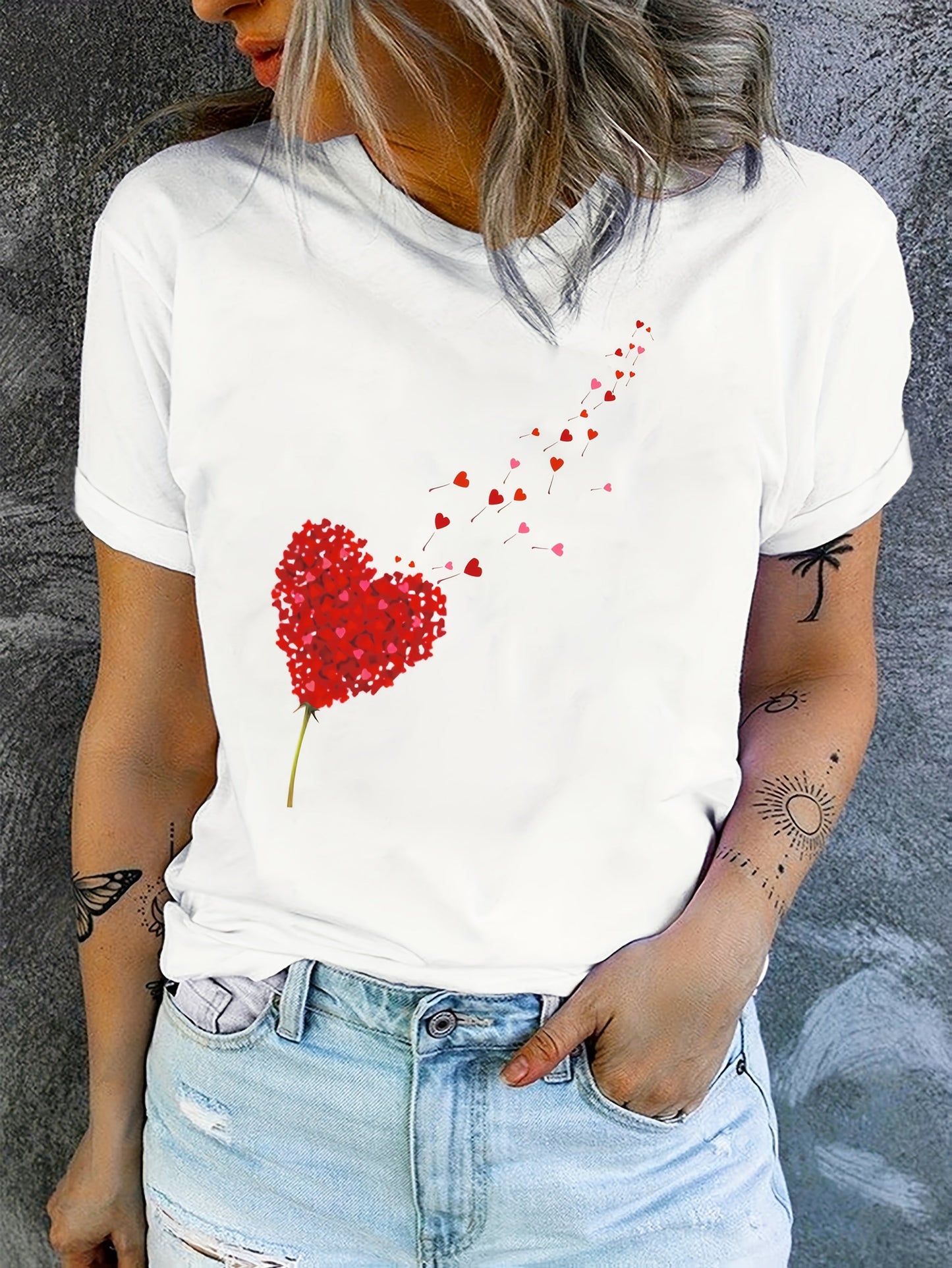 Women’s Cute Heart and Floral Print T Shirt with Round Neck, Soft Cotton Blend and Romantic Casual Everyday Style