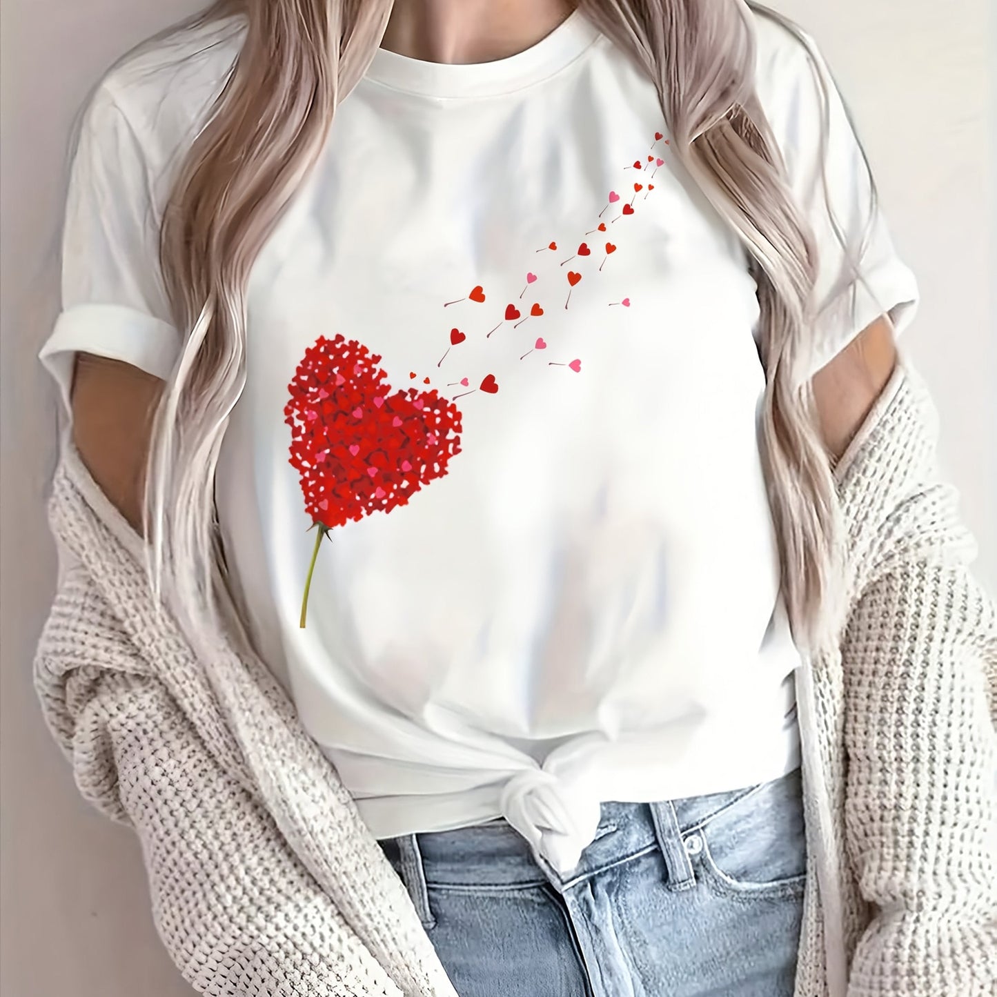 Women’s Cute Heart and Floral Print T Shirt with Round Neck, Soft Cotton Blend and Romantic Casual Everyday Style