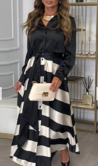 Valèra Sukienka Maxi Damska Elegancka z Długim Rękawem Suknia w Paski - Pootivo