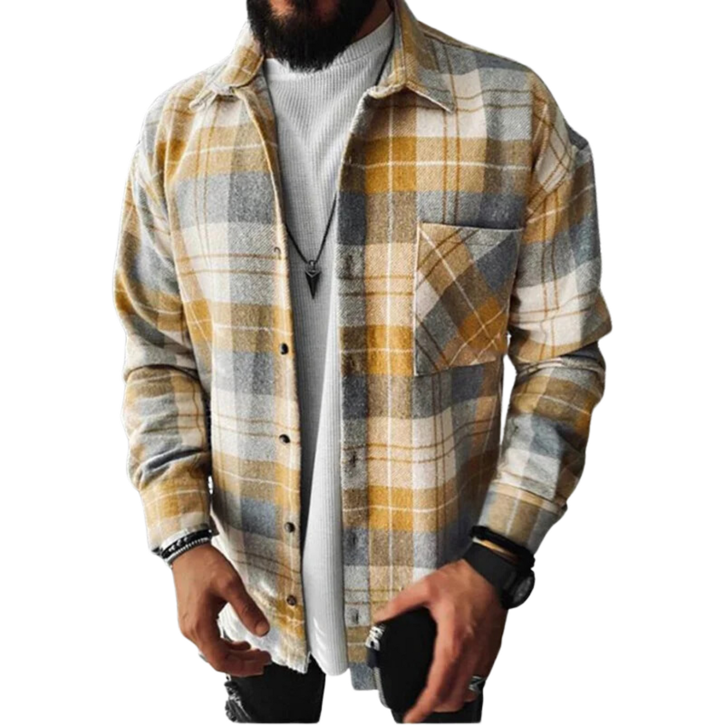 Wool Flannel Men's Plaid Check Button Down Shacket Jacket