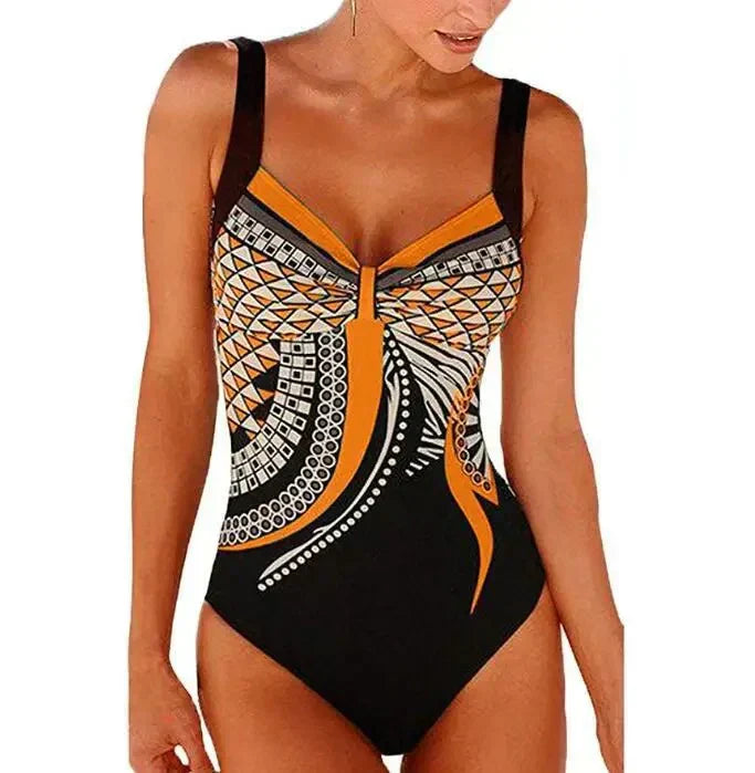 Eleganter Badeanzug für Damen – Figurformendes Design mit Print & V-Ausschnitt