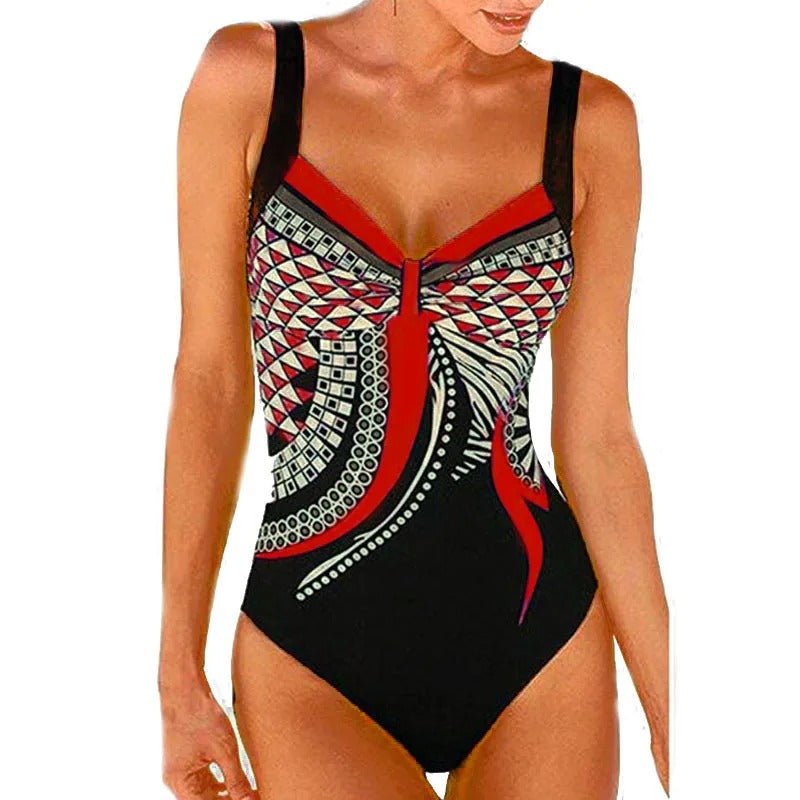 Eleganter Badeanzug für Damen – Figurformendes Design mit Print & V-Ausschnitt