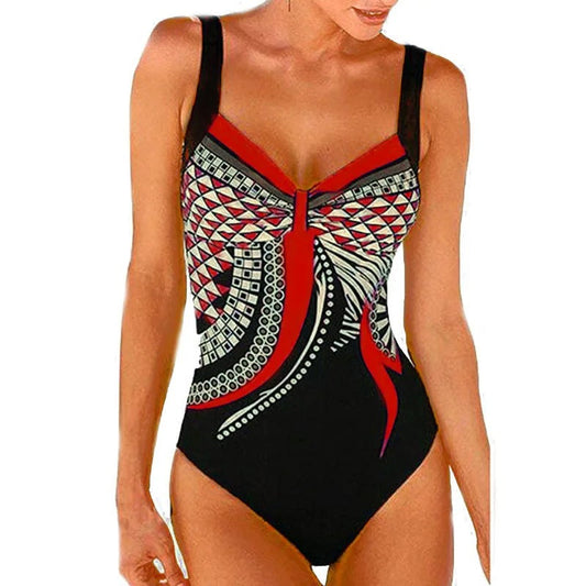 Eleganter Badeanzug für Damen – Figurformendes Design mit Print & V-Ausschnitt